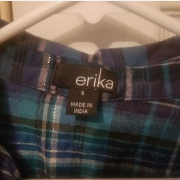 Erika Blue and Silver Plaid Button Up Cotton Flannel Women's Size Small - Picture 5 of 7